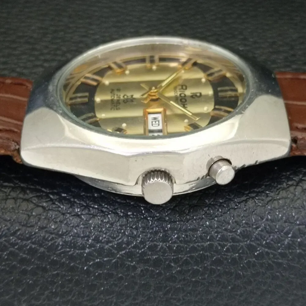 Vintage 1985 Ricoh Automatic Mens Silver Watch W/daydate & Gold accents